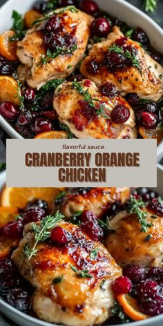 cranberry orange chicken in a white casserole dish