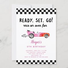 a pink race car birthday party card with the words ready, set, go on over for