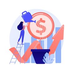 a woman is watering money in a pot on top of an upward arrow graph chart