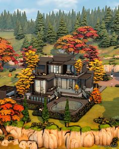 an artist's rendering of a house surrounded by trees and rocks in the fall