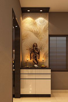 the interior of a modern living room with decorative wallpaper and white furniture, including a buddha statue