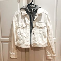 Athleta White Denim Jacket With Grey Hoodie, New Condition (Never Worn), Size Xxs Sleek, Classic White Denim Jacket With A Removable Grey Hoodie Insert. Pair This With Your Favorite Jeans, Leggings, Or Maxi Dress For A Stylish Look. If Interested, Please Send A Direct Message Or Make An Offer. All Sales Are Final. I’m Happy To Take More Photos And Answer Any/All Of Your Questions! White Urban Denim Jacket With Pockets, White Urban Denim Jacket For Spring, Urban White Denim Jacket For Fall, Urban Style White Cotton Denim Jacket, Urban White Denim Jacket For Winter, Fitted White Denim Jacket For Streetwear, Casual White Denim Jacket For Fall, White Urban Denim Jacket, Urban White Denim Jacket