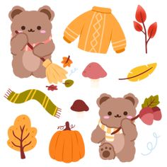 an assortment of autumn items including a teddy bear, sweaters, leaves and acorns