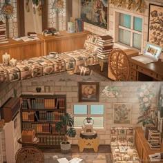 the interior of a room with bookshelves, desks and other items in it