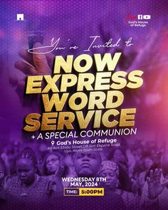 the poster for now express word service and a special community event in front of an audience