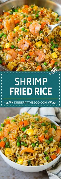 shrimp fried rice with peas and carrots in a skillet on the side, next to another dish