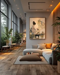 a modern living room with wood floors and large windows