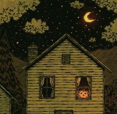 a drawing of a house with pumpkins in the window and trees outside at night