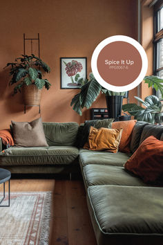 | histor | urban jungle interior | urban jungle woonkamer| histor my color | inrichting inspiratie | Dark Green Walls Orange Sofa, Terracotta Wall Green Sofa, Terracotta Lounge, Orange Sofa Green Wall, Living Room Ocre, Terracotta And Green Living Room, Terracota Sofa Interior Design, Green And Terracotta Living Room, Earth Tones Living Room