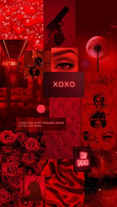 a collage of red images with the words xoxo on them