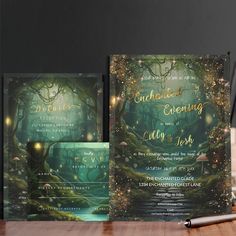 an image of wedding cards with lights in the forest