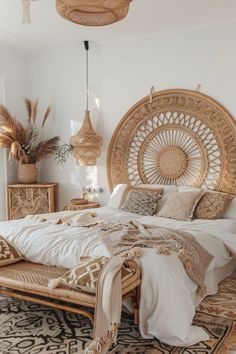 a bedroom with wicker furniture and white walls