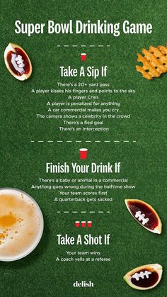 the super bowl drinking game is shown with different types of drinks and snacks on it