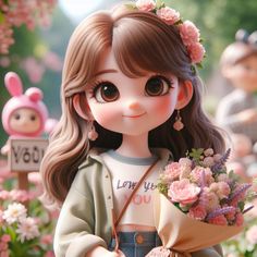 a close up of a doll holding flowers