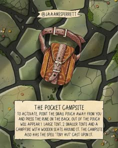 an illustration of a bag with the words pocket campsite written on it and another sign that says,