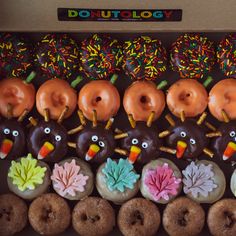 an assortment of donuts with turkeys and sprinkles on them in a box