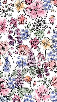 a floral pattern with pink, blue and purple flowers on a white background for wallpaper