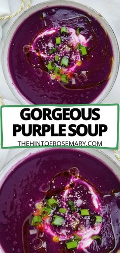 dark purple ube soup swirled with greek yogurt, drizzled with olive oil and sprinkled with hemp seeds and fresh green onions Soup With Bone Broth, Blue Zones Recipes, Ube Recipes, Sweet Potato Soup Recipes, Plant Based Soups, Purple Sweet Potatoes