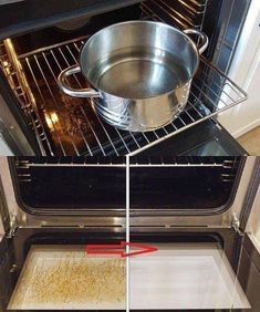 an open oven with two pans on the stove and one in the oven cooking