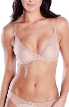 A plunging neckline fronts this underwire bra designed with mesh accents and lacy trim. Underwire Lined 83% polyamide, 17% elastane with 100% polyamide contrast Hand wash, dry flat Made in Italy Low-cut Lace Trim Bra, Midkini Tops, Bra Models, Swimwear Sets, Bra Panty, Plunge Bra, Bra Styles, Underwire Bra, Plunging Neckline