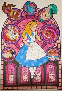 a stained glass window with an image of alice and the seven dwarfs on it's side