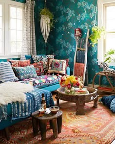 a living room filled with lots of colorful furniture