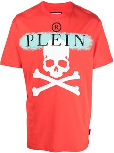 short sleeve T-shirt from PHILIPP PLEIN featuring red, cotton, graphic print to the front, round neck, short sleeves and straight hem. Phillips Plein, Big Tshirt, Philipp Plein, T Shirt Vest, Graphic Prints, Casual Fashion, Round Neck, Short Sleeves, Mens Shirts