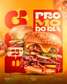 an advertisement for a burger restaurant with two hamburgers on the front and one in the back