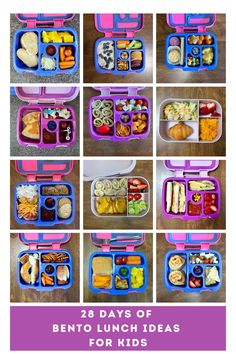 lunch boxes filled with different types of food and the words 28 days of bento lunch ideas for kids