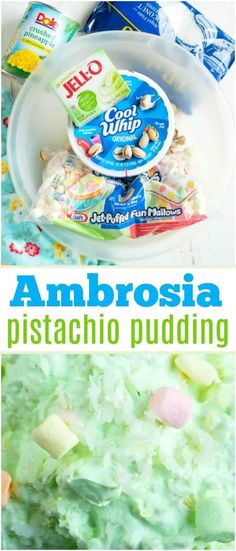 Pistachio pudding ambrosia side dish or dessert! Pistachio ambrosia is a cross between Watergate salad and coconut marshmallow ambrosia. Pistachio Marshmallow, Pistachio Ambrosia, Ambrosia Dessert, Dessert Marshmallow, Pistachio Desserts, Pistachio Dessert Pudding, Ambrosia Recipe, Jello Salads, Watergate Salad