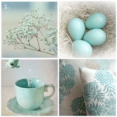 four pictures with blue and white decor including eggs in a nest, teal cup on a saucer