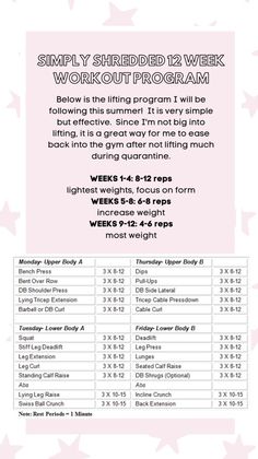 the flyer for simply shredded 12 week workout program, which is in pink and white stars