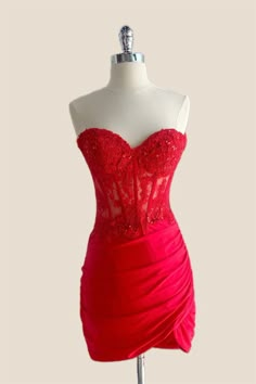 This dress is made of spandex material and is available in red. Its bodycon silhouette hugs your curves beautifully, while the sheer corset with a sweetheart neck and lace appliques adds a touch of allure. The ruched skirt and back zipper make it easy to put on, and it falls above the knee for a flattering length. Tight Short Dress, Short Princess Dress, Sheer Corset, Convertible Dress, Ruched Skirt, Short Bridesmaid Dresses, Tea Length Dresses, Hoco Dresses, Long Bridesmaid Dresses