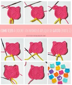 the instructions for crochet is shown in pink and yellow, with pictures of how to