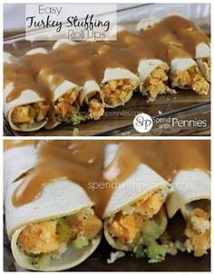 two pictures of chicken wrap with gravy on top