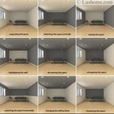 six different views of an empty room with couches