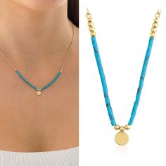 14k Gold Blue Turquoise necklace is a perfect gift as December birthstone, sutiable for daily use and formal wear. All beads of this elegant and delicate necklace are made of solid gold and natural stone. Chain including inside part of beads is also 14k Gold so this necklace would be the perfect gift for your loved ones!  One letter or number can be stamped on gold coin at the center if you want.  Please note your personalization during checkout.  Please check following link for the set bracelet Gold Turquoise Necklace With Polished Beads As Gift, Gold Turquoise Necklace With Colorful Beads As Gift, Gift Turquoise Necklace With Colorful Beads, Yellow Gold Turquoise Necklace With Round Beads As Gift, Cleansing Stones, Set Bracelet, Jewellery Marketing, Gold Disc, Birthstone Gifts