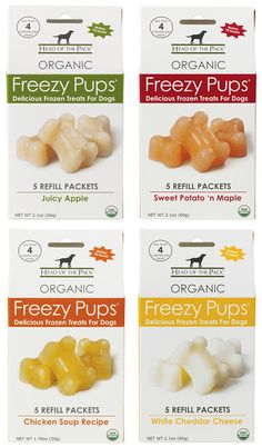 four packages of freezey pups are shown