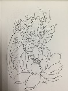 a drawing of a koi fish sitting on top of a flower