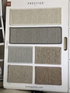 the packaging for prestige carpet is shown in several different colors and patterns, including gray