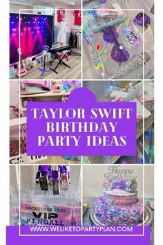 a collage of photos with the words taylor swift birthday party ideas in purple and blue