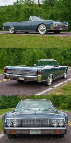 two old cars parked on the side of a road next to grass and trees in front of them