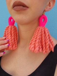 Fun and bold earrings that are still lightweight. Best of both worlds! Customizable, just send me a message :) Handmade Coral Earrings For Party, Pink Tassel Earrings For Gift, Handmade Vibrant Pink Earrings, Vibrant Pink Handmade Earrings, Vibrant Handmade Pink Earrings, Tassels Diy Tutorials, Diy Statement Earrings, Fringe Earrings Diy, Denim Earrings