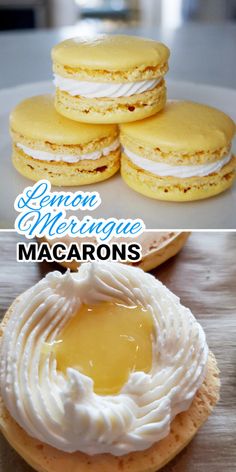 lemon meringue macarons are stacked on top of each other and the words lemon mering