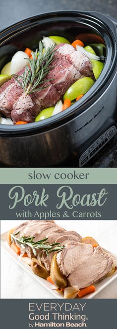 slow cooker pork roast with apples and carrots is shown in this advert