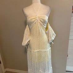 Partially Lined With Yellow Fabric, Off The Shoulder, Cap Sleeves, Tie Around The Neck, Gathered Front. Measures: 17x55” Nwot 0514 Bin 8 Vintage White Maxi Dress With Ruffles, Vintage Cream Floor-length Maxi Dress, Harlow V2 Made With Love, House Of Harlow 1960 Dress, White Bohemian Off-shoulder Maxi Dress, 1960 Dress, Plus Size Fall Fashion, Plus Size Fall, House Of Harlow 1960