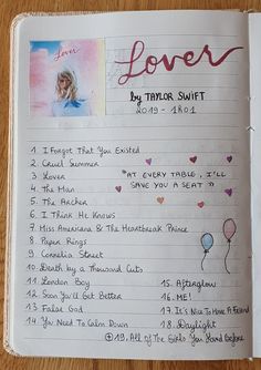 an open notebook with some writing and pictures on the page, which has been written by taylor swift