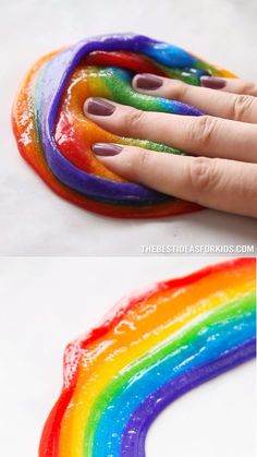 two pictures of hands with rainbow nail polish on them and the same image in different colors