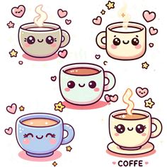 four coffee mugs with different faces and hearts