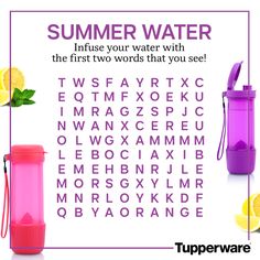 a pink and purple water bottle next to a word search puzzle with lemons on it